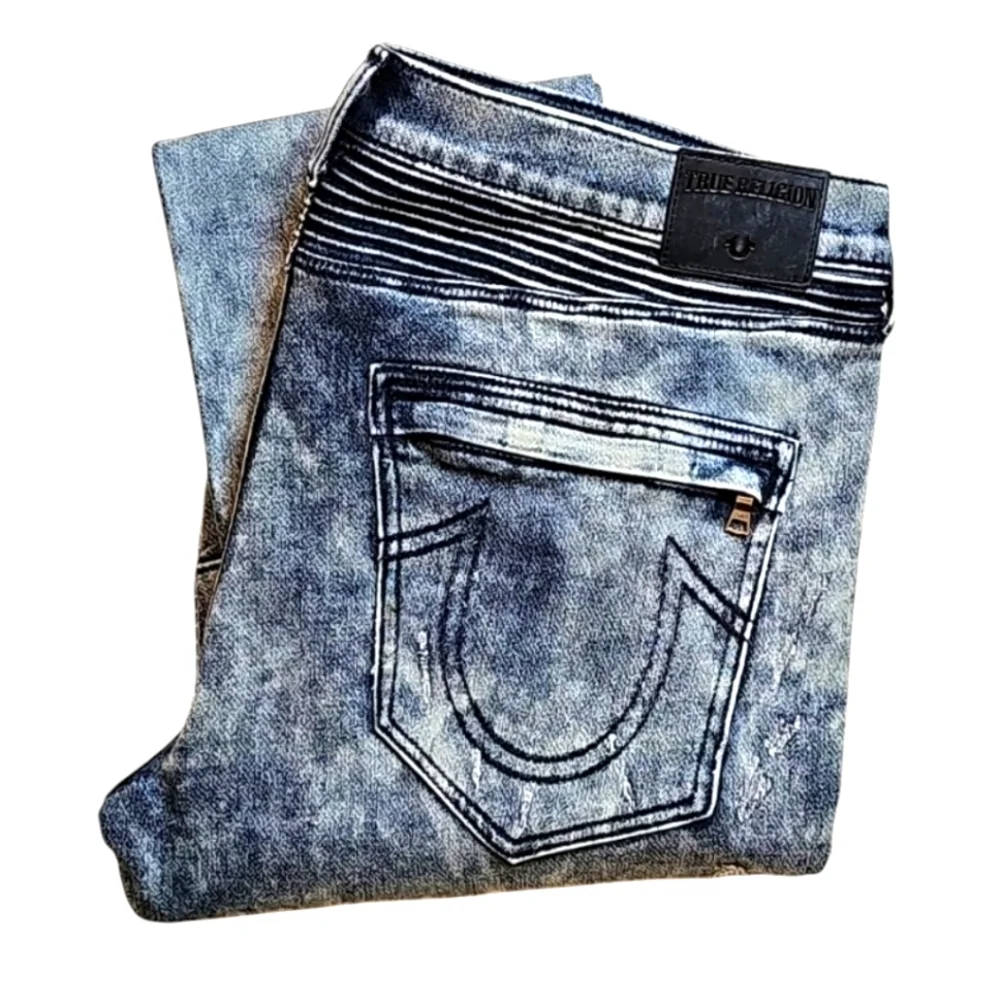 💥True Religion Blue Acid-Wash Rocco Rlxd Skinny Jeans. Men's Size: W40x34L